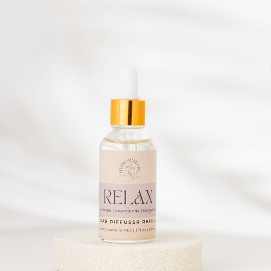 Bottle of 'Relax' car diffuser refill on a white background