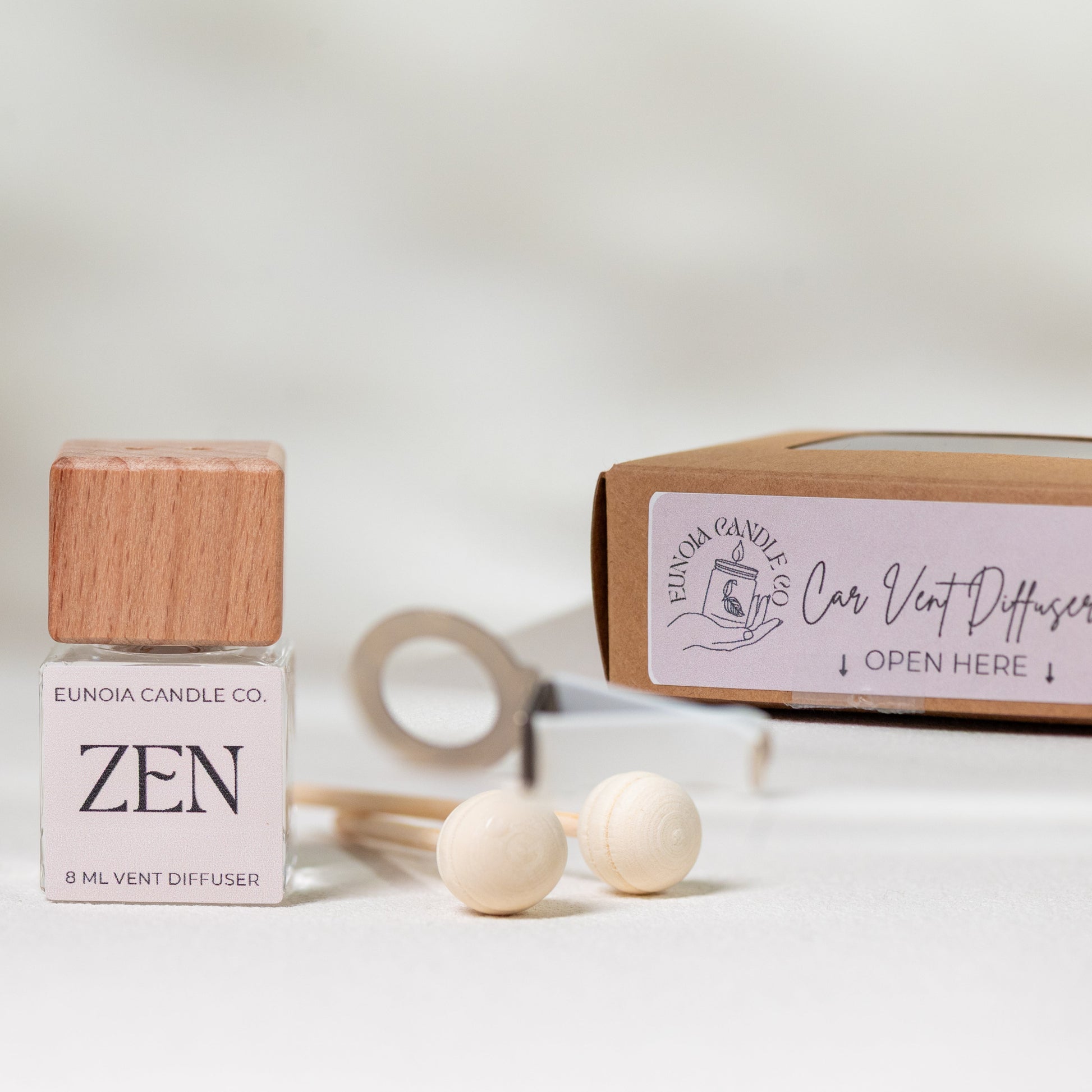 Eunoia Candle Co. Zen diffuser with packaging on a light background