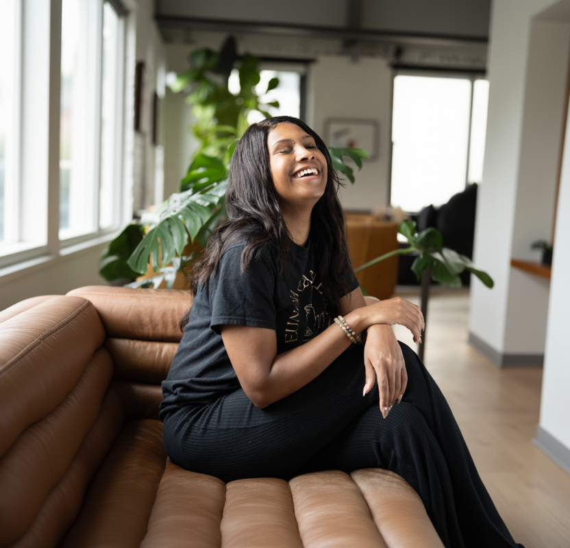 Woman sitting on a couch in an indoor setting with plants and furniture.